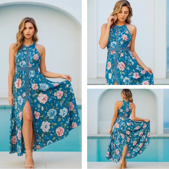 Jaase Blue Floral Backless Dress - Picture 1 of 14